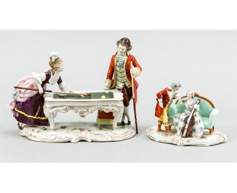   Zwei Figurengruppen, elegantes Paar beim Billard-Spielen, Scheibe-Alsbach, Thüringen, 20.   Jh., L. 16 cm, elegantes Paar m