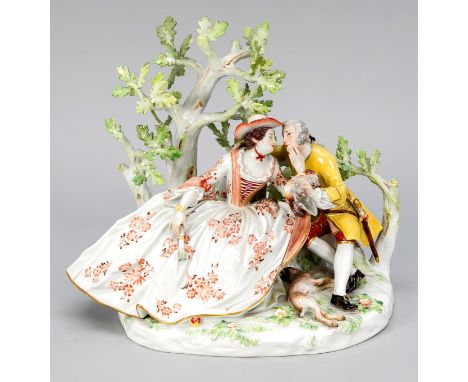   Jagdgruppe. Meissen, Marke nach 1934, 1. W. Entwurf Johann Joachim Kaendler im Jahr 1743,   Modellnr. 468, elegante Dame im