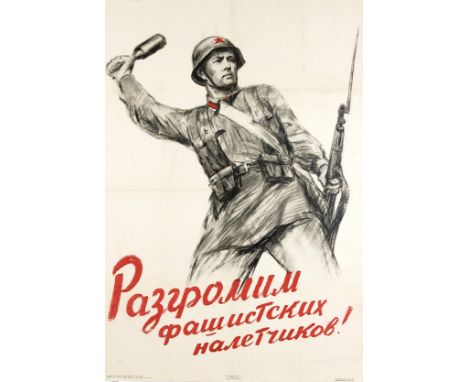   Russisches Propagandaplakat des 2. Weltkrieges, orig. Farblithographie von 1941, Soldat   der roten Armee eine Granate schl