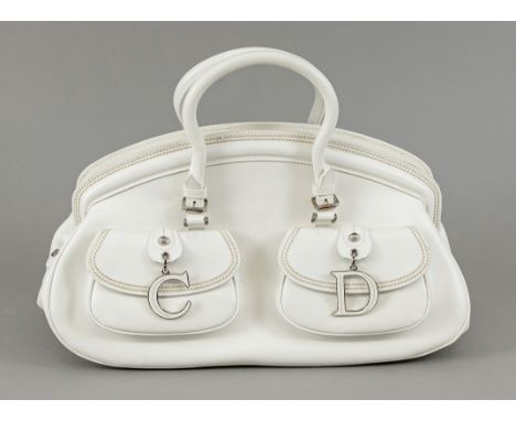   Christian Dior, Vintage Frame Bag, cremeweißes Glattleder, silberfarbene Hardware, kurze   Doppelhenkel, frontal zwei aufge