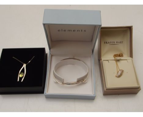 Designer bangle stamped 925, silver chain and pendant, gold on silver chain and pendant, three items in total