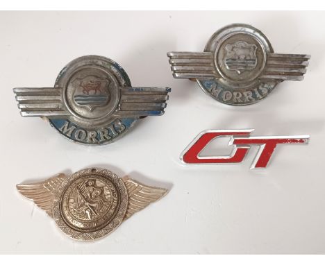 2 MORRIS MOTORS OXFORD BONNET BADGES, A ST CHRISTOPHER BADGE &amp; A VINTAGE GT CAR BADGE