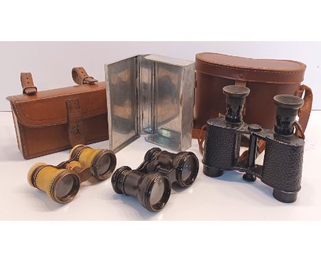 EARLY COLMONT BINOCULARS IN CASE, 2 OTHER PAIRS &amp; A WEBBING LEATHER POUCH WITH METAL CASE INSERT