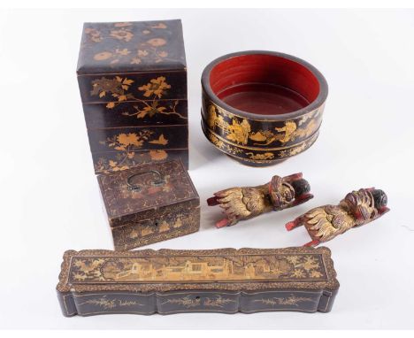 A Japanese lacquered pedestal bowl, circa 1900, 23.5cm diameter, a part four section Jubako, late Meiji, a 19th century Chine