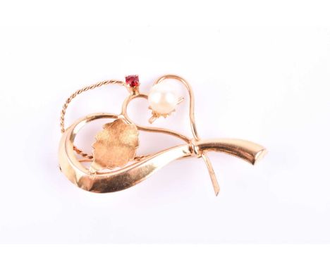 A yellow metal and cultured pearl brooch, of stylised heart-shaped design, set with a round white cultured pearl, and a small