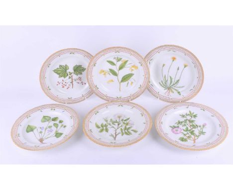 A set of six 1970s Royal Copenhagen Flora Danica dinner plates, each decorated with different hand painted flowers ('Ribes ru