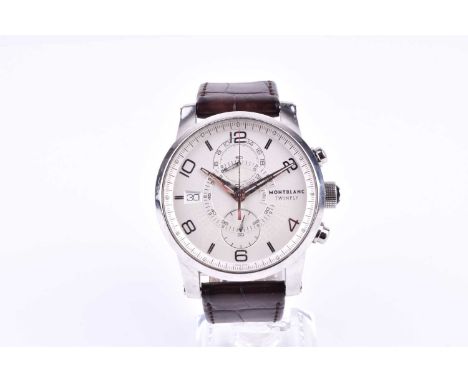 A Montblanc Timewalker Twinfly stainless steel automatic chronograph wristwatch, the white dial applied numerals and triple s