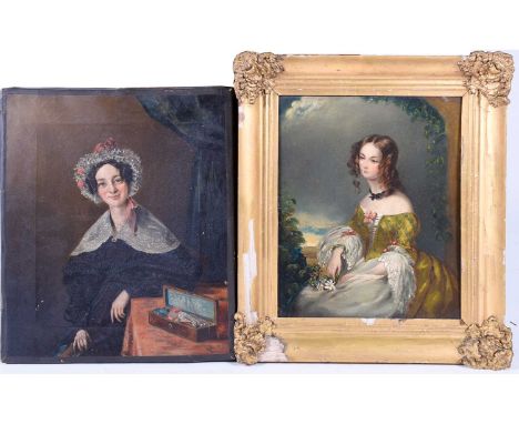 19th century English school, a portrait of a finely dressed young woman, oil on panel, unsigned, 29.5 cm x 24 cm in a gilt fr