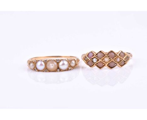 A 15ct yellow gold, seed pearl, and coral ring, hallmarked to shank, size P, together with a yellow metal, diamond, and pearl