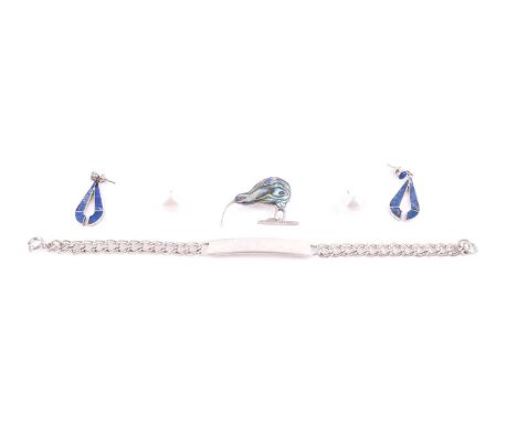 A pair of silver and lapis lazuli drop earrings, together with a pair of cultured pearl earrings, a silver identity bracelet,