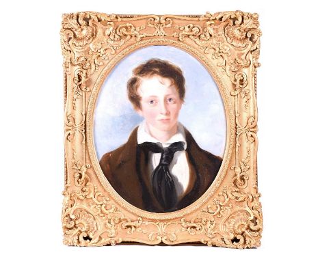 18th century English school oil, an portrait of boy in a loose necktie, unsigned oil on canvas, 56 cm x 44 cm in an ornate gi