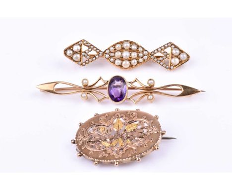 A late Victorian yellow metal and seed pearl brooch, 4.3 cm long, together with a yellow metal, amethyst, and pearl bar brooc
