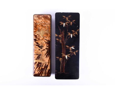 Two Japanese lacquer document boxes, late 19th century, a shallow example with faux blond tortoiseshell lid with gilt decorat