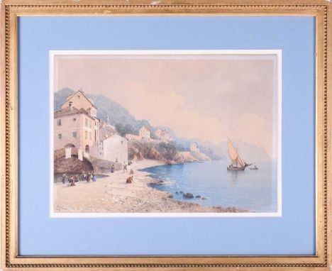 W Van der Velde? (19th century) 'Bogliasco', watercolor, coastal view, signed and dated 1879, 25.5 cm x 36.2 cm, glazed in a 