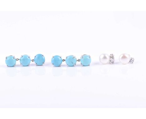 A pair of silver and pearl earrings, each set with a CZ and a round white pearl, together with a pair of silver and turquoise