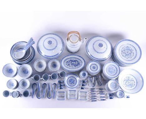 An extensive Chinese blue and white 'rice grain' pattern part dinner and coffee service, 20th century, comprising 9 dinner pl