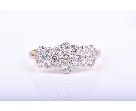 An 18ct yellow gold and diamond triple floral cluster ring, set with three clusters of round brilliant-cut diamonds, approxim