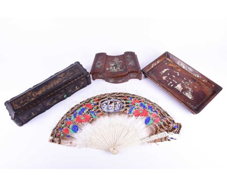 A 19th century Chinese painted feather fan, with pierced bone sticks, the feathers painted in gouache and with downy tips and