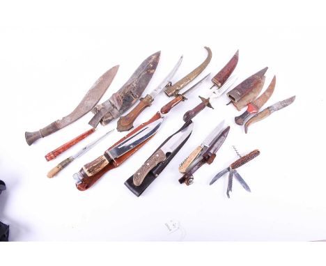 A collection of folding knives and hunting knives, to include an Olivetto Bowie knife with antler grip, in leather sheath, th