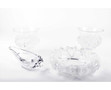 A pair of Lalique 'Dampierre' pattern pedestal vases, acid etched mark reading 'Cristal Lalique France', 12 cm high, together