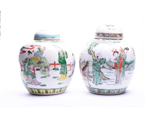 Two Chinese famille verte ginger jars and covers, late 19th century, each cover decorated with children, with diapered should