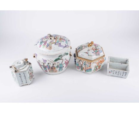 Chinese Wu Shang Pu porcelain, 19th century, comprising a teapot with outer porcelain hexagonal shape sleeve, 12.7cm, a hexag
