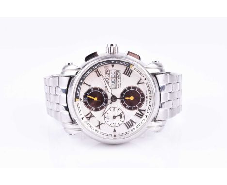 A Roberto Cavalli stainless steel automatic chronograph wristwatch, the silvered dial with Roman numerals, and triple subsidi
