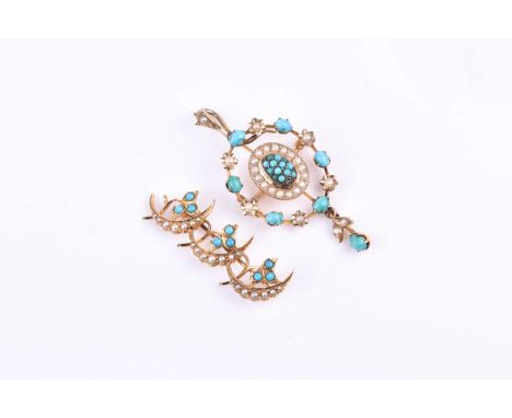 A late 19th / early 20th century yellow metal, turquoise, and pearl pendant, the oval mount with pearl-set star decoration an