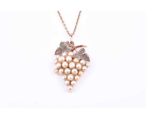 A late 19th / early 20th century yellow metal and pearl pendant, designed as a of a bunch of grapes, 3.3 cm long, suspended o