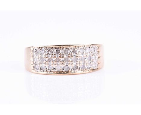 A 9ct yellow gold and diamond band ring, the flat band inset with twenty seven round brilliant-cut diamonds of approximately 