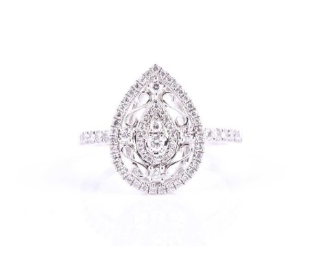 An 18ct white gold and diamond ring, the pear-shaped mount inset with round brilliant-cut diamond accents in an openwork desi