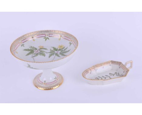 A 1970s Royal Copenhagen Flora Danica comport, on a flared pedestal base, the body and bowl decorated with hand painted flowe