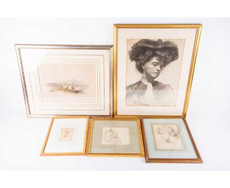 A group of assorted pictures including a charcol portrait of a lady by Thurston, a pencil sketch of a mother and child, a Dav