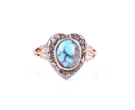 A late 19th century 18ct yellow gold, diamond, and turquoise heart-shaped ring, centred with an oval cabochon turquoise withi