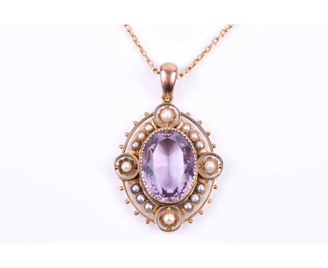 A yellow gold, pearl, and amethyst pendant, set with a mixed oval-cut amethyst within an oval border of pearls, unmarked (tes