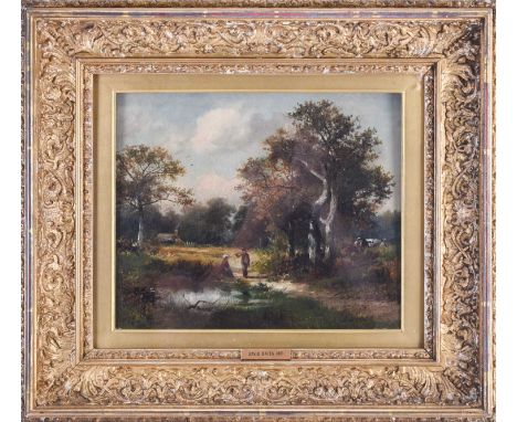 David Bates (1840-1921) BritishThe Edge of the Common, Malvern, a wooded scene with figures in a clearing, oil on canvas, sig