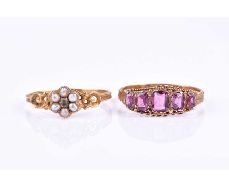 A 15ct yellow gold and pink sapphire ring, set with five graduated stones, hallmarked to shank, with engraved decoration to e