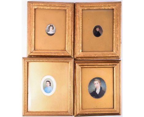 Four 19th century portrait miniatures, a small early 19th century portrait on porcelain of a young man, a Regency portrait on