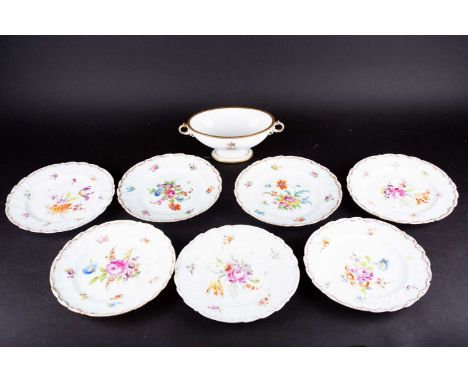 A set of six Dresden porcelain cabinet plates, each with hand-painted floral spray decoration with gilt finish, blue printed 