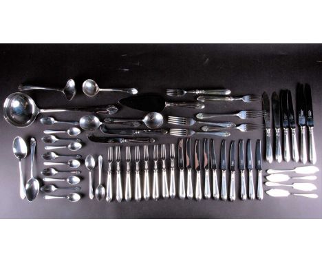 A part-suite of 1970s Mappin &amp; Webb Lotus pattern silver flatware, to include a soup ladle, sauce ladles, pastry knives, 