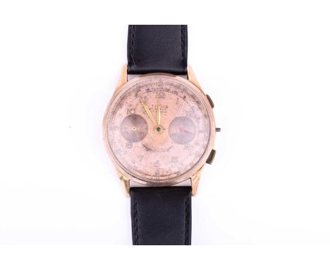 An 18ct yellow gold Titus Geneve mechanical chronograph wristwatch, the rose gold coloured dial with twin subsidiary dials, i
