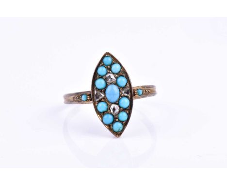 A late 19th / early 20th century gilt metal, diamond, and turquoise ring, the marquise-shaped mount inset with rose-cut diamo