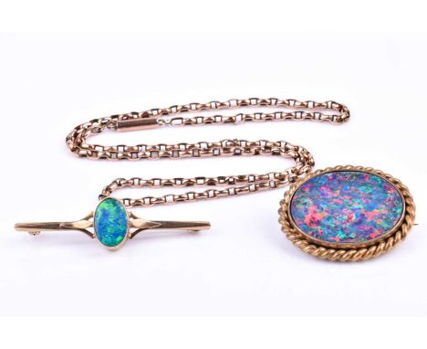 A 9ct yellow gold and opal bar brooch, set with an oval green and blue opal (possibly a doublet), bezel-set mount, together w