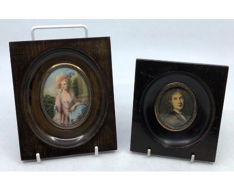 An oval portrait miniature of a lady in 18th century dress, gilt metal, image 8.5cm, frame 16cm high, another of a gentleman 