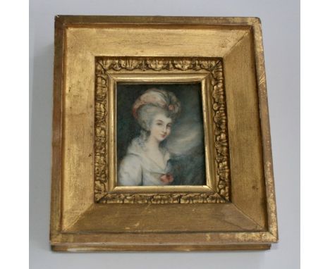 A portrait miniature of a lady wearing 18th century dress, half length, in gilt frame, 7cm x 5.5cm (15.5cm x 14cm with frame)