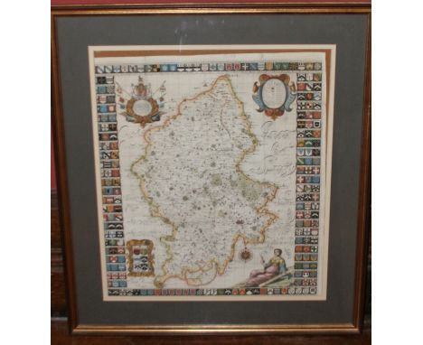 A framed map of Staffordshire by Joseph Browne (1682) taken from Dr R. Plots Natural History of Staffordshire c. 1686, the ma