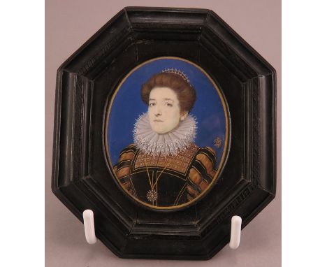 A late eighteenth, early nineteenth century portrait miniature, c. 1800. It sits within a dark, ebonised frame and depicts a 