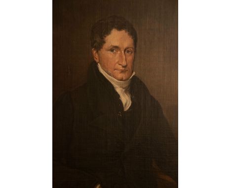 19th century English school, Portrait of a gentleman, half length, wearing a dark jacket and seated in an armchair, oil on ca