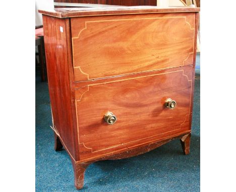 A 19th century mahogany and boxwood veneered chest commode, with hinged top, dummy draw with brass handles (one loose) on spl