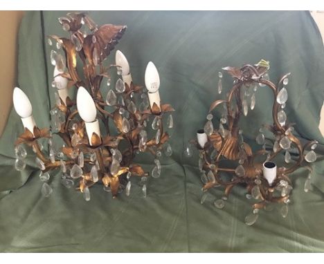 Two gilt metal chandeliers for electricity, one with 5 candle lamp branches, scrolled interior framework with stylised leaves